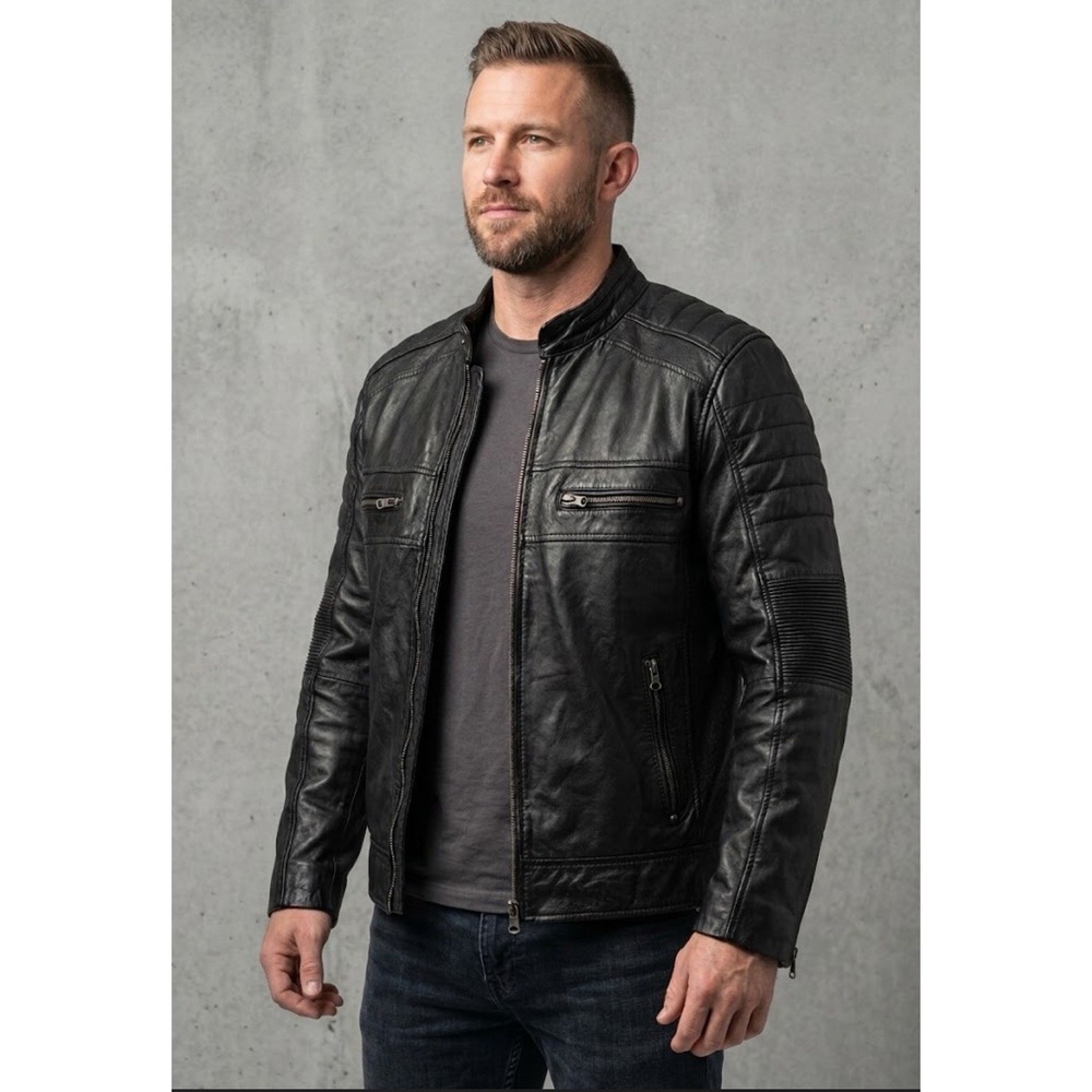 Men XL Real Leather Moto Biker Jacket Ribbed Shoulder Zip Pocket Cafe Racer